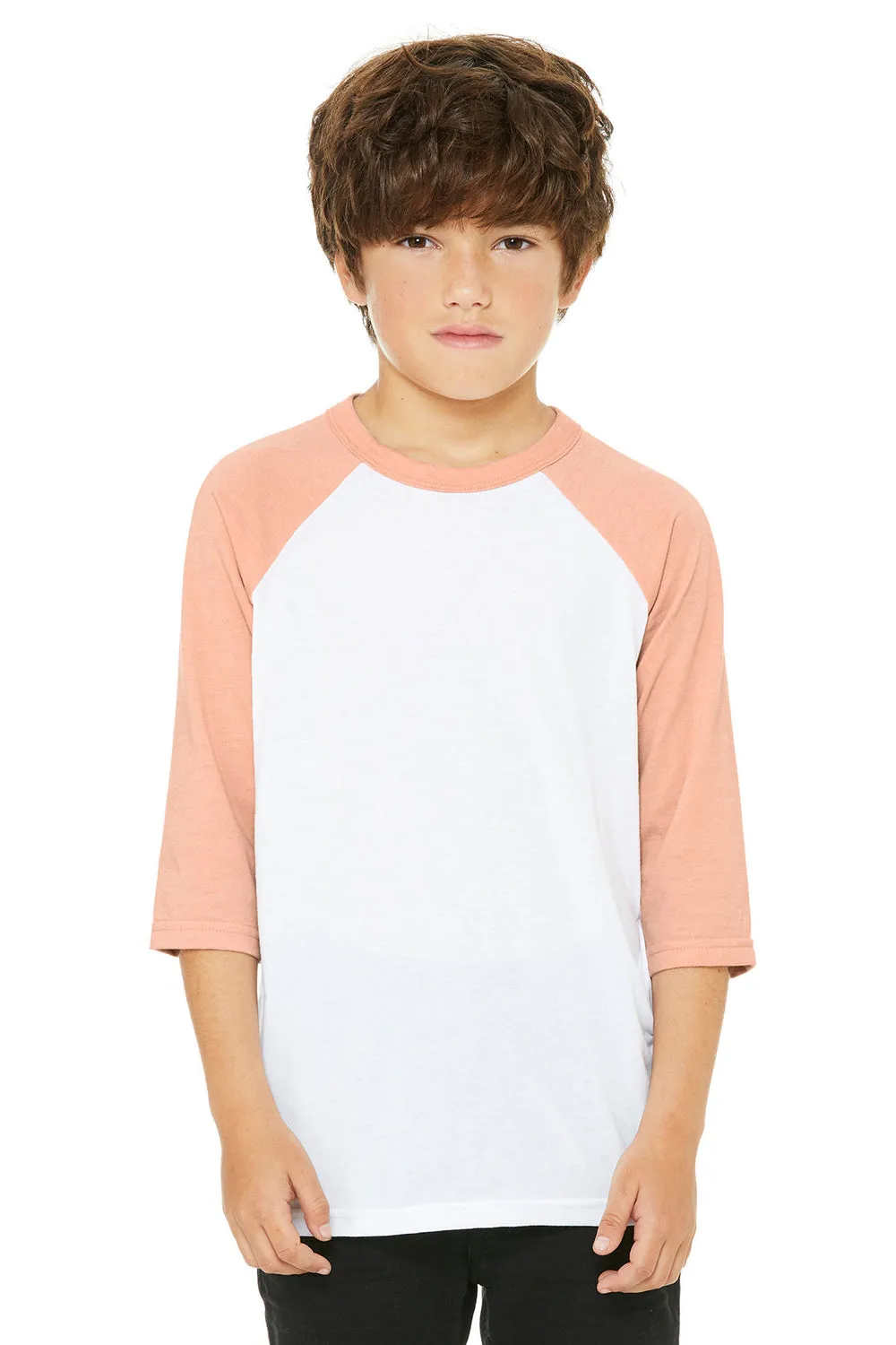 Bella   Canvas T-shirt à manches 3/4 pour jeunes - Blanc/Pêche chiné