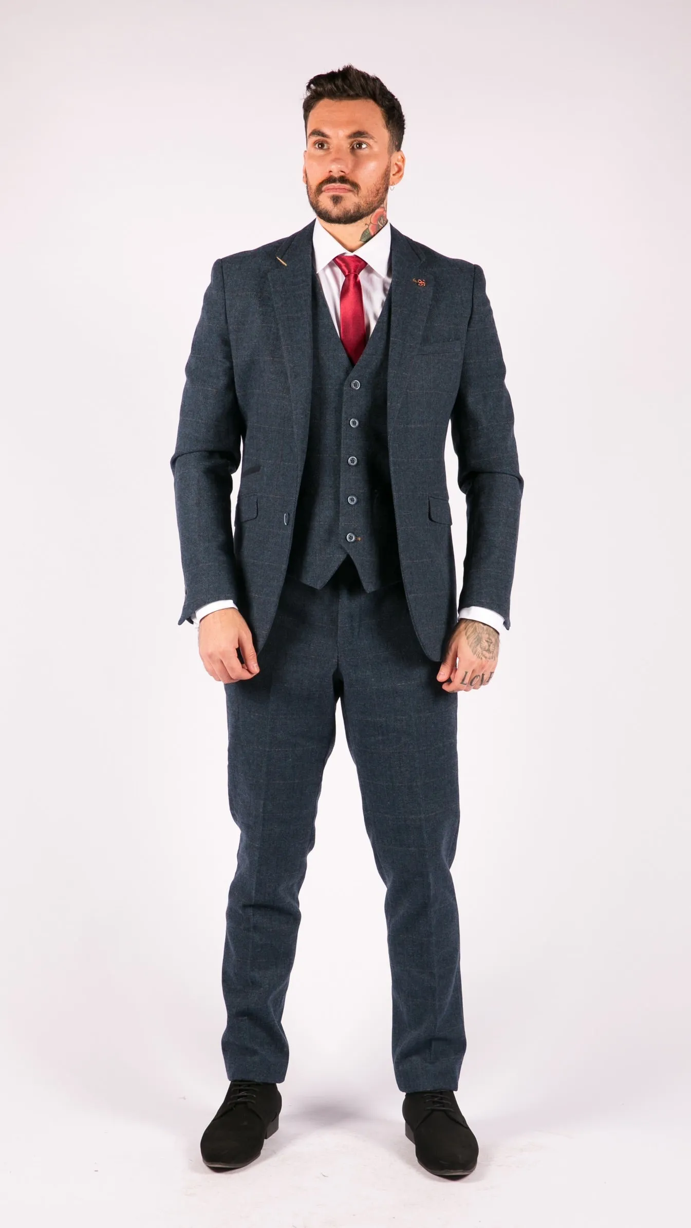 Costume trois pièces Carnegi en tweed à carreaux bleu marine