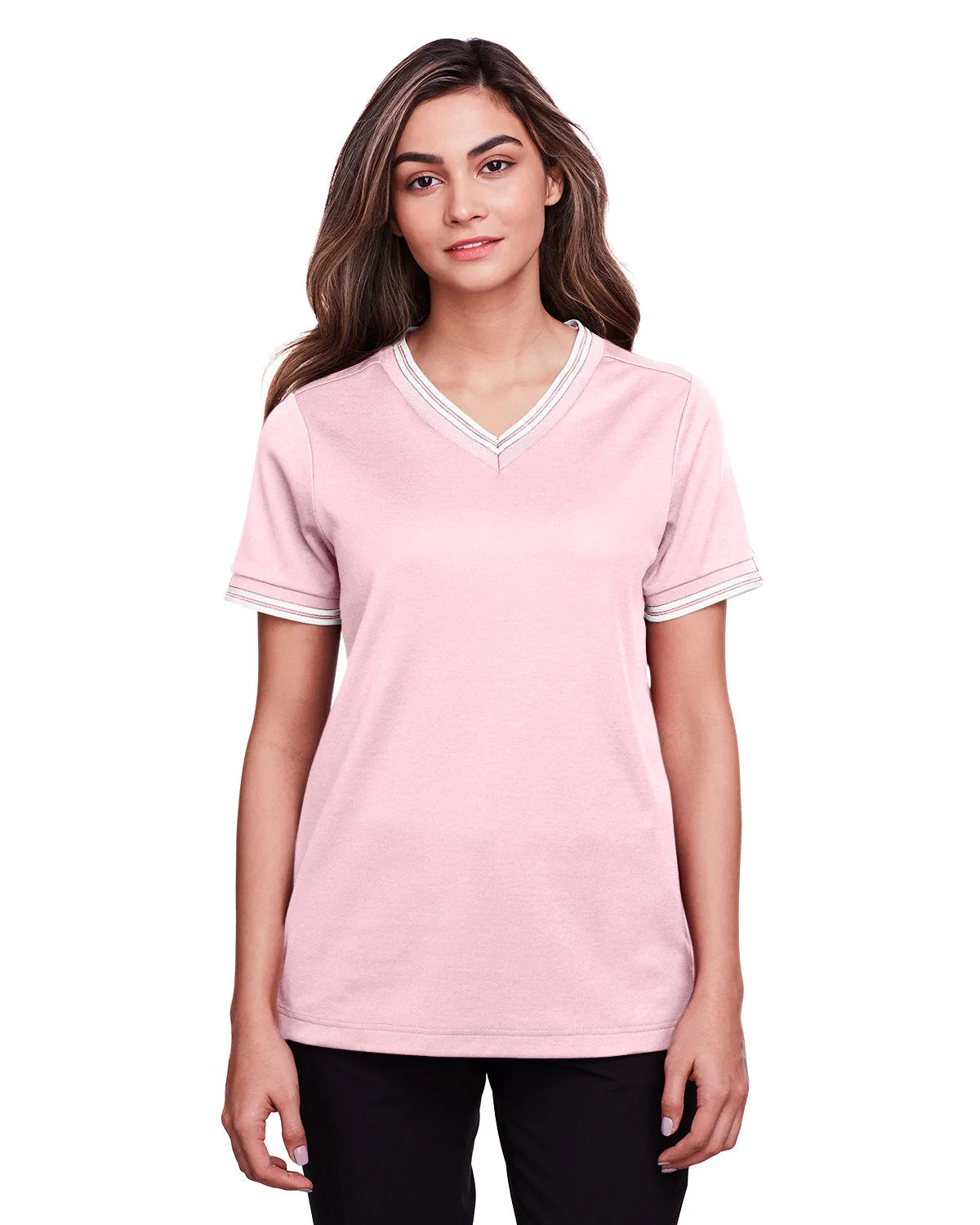 Devon & Jones DG20CW Polo pour Femme CrownLux Performance à Col en V Plissé et Boutonné