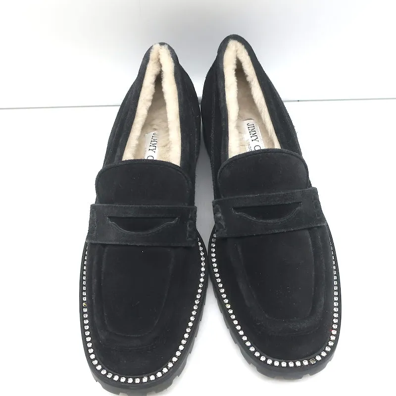 Jimmy Choo Deanna Mocassins à Pompon en Suède Noir avec Garniture en Cristal et Doublure en Agneau Taille 39