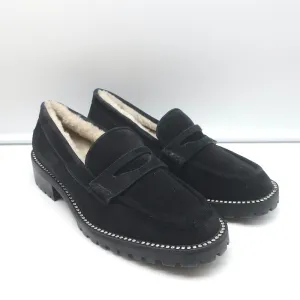 Jimmy Choo Deanna Mocassins à Pompon en Suède Noir avec Garniture en Cristal et Doublure en Agneau Taille 39