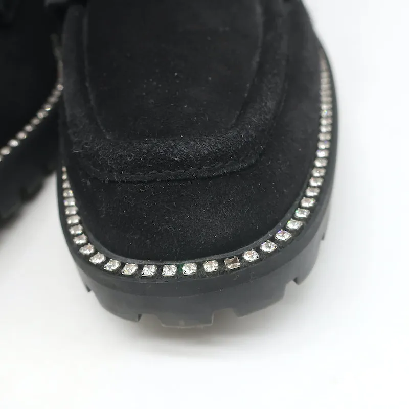 Jimmy Choo Deanna Mocassins à Pompon en Suède Noir avec Garniture en Cristal et Doublure en Agneau Taille 39