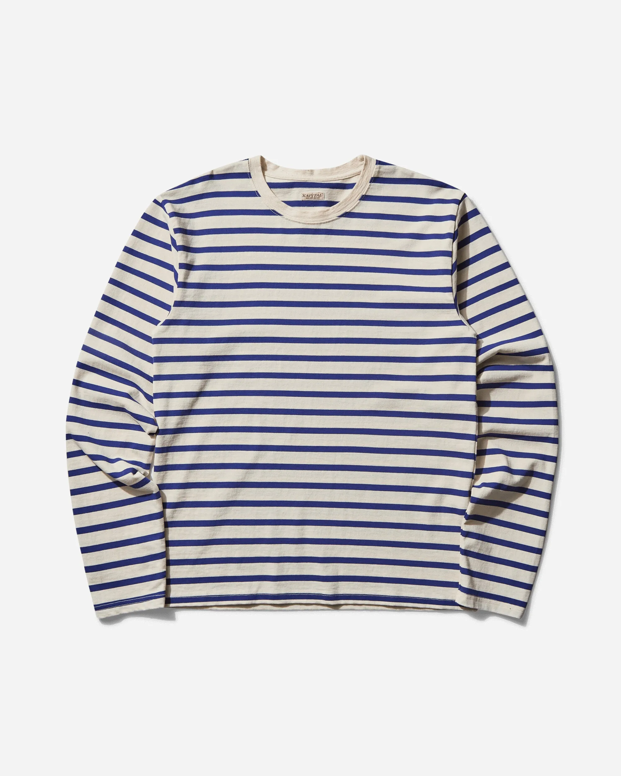 T-shirt à manches longues rayé pour homme (Patch arc-en-ciel profil) Écru / Bleu