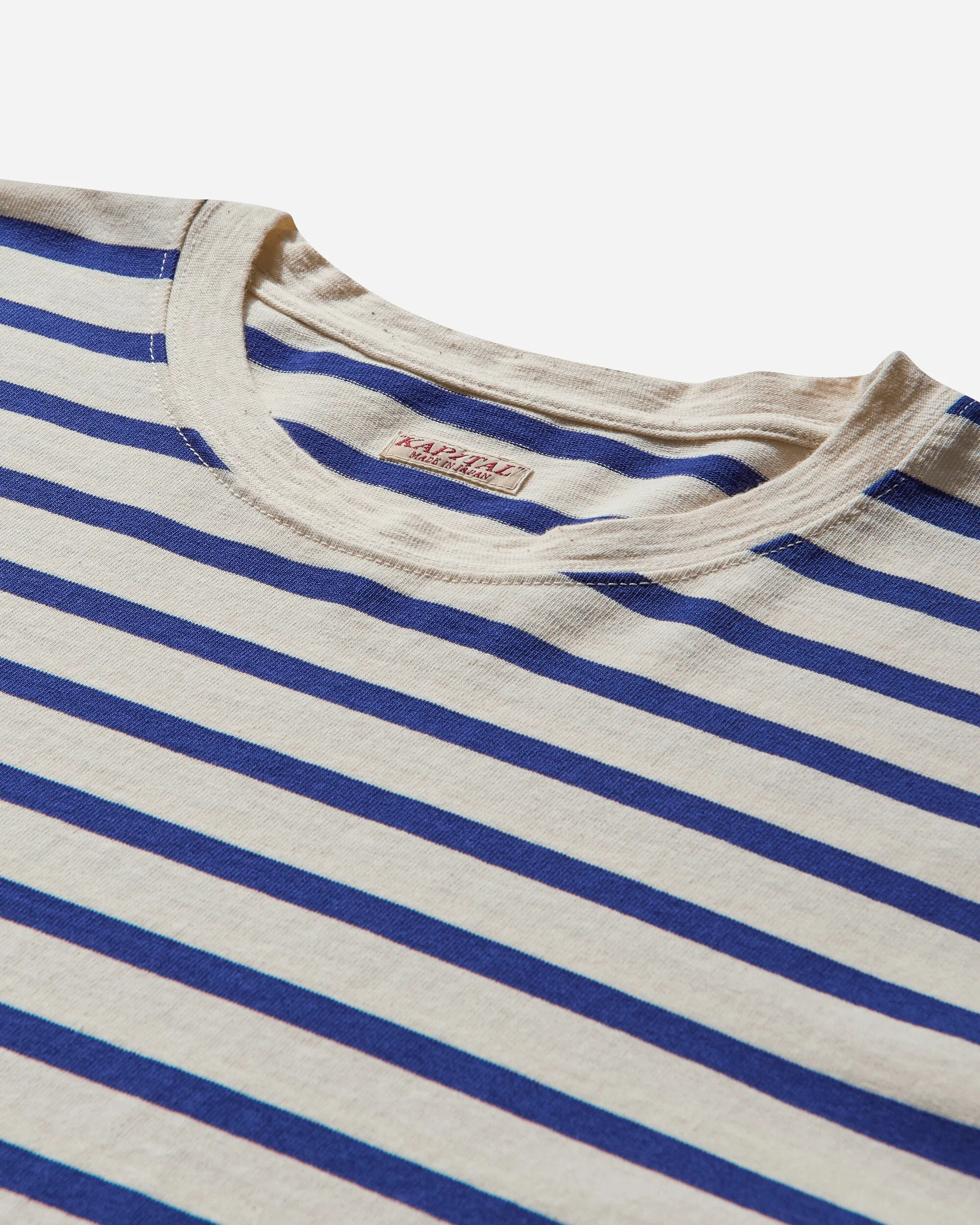 T-shirt à manches longues rayé pour homme (Patch arc-en-ciel profil) Écru / Bleu