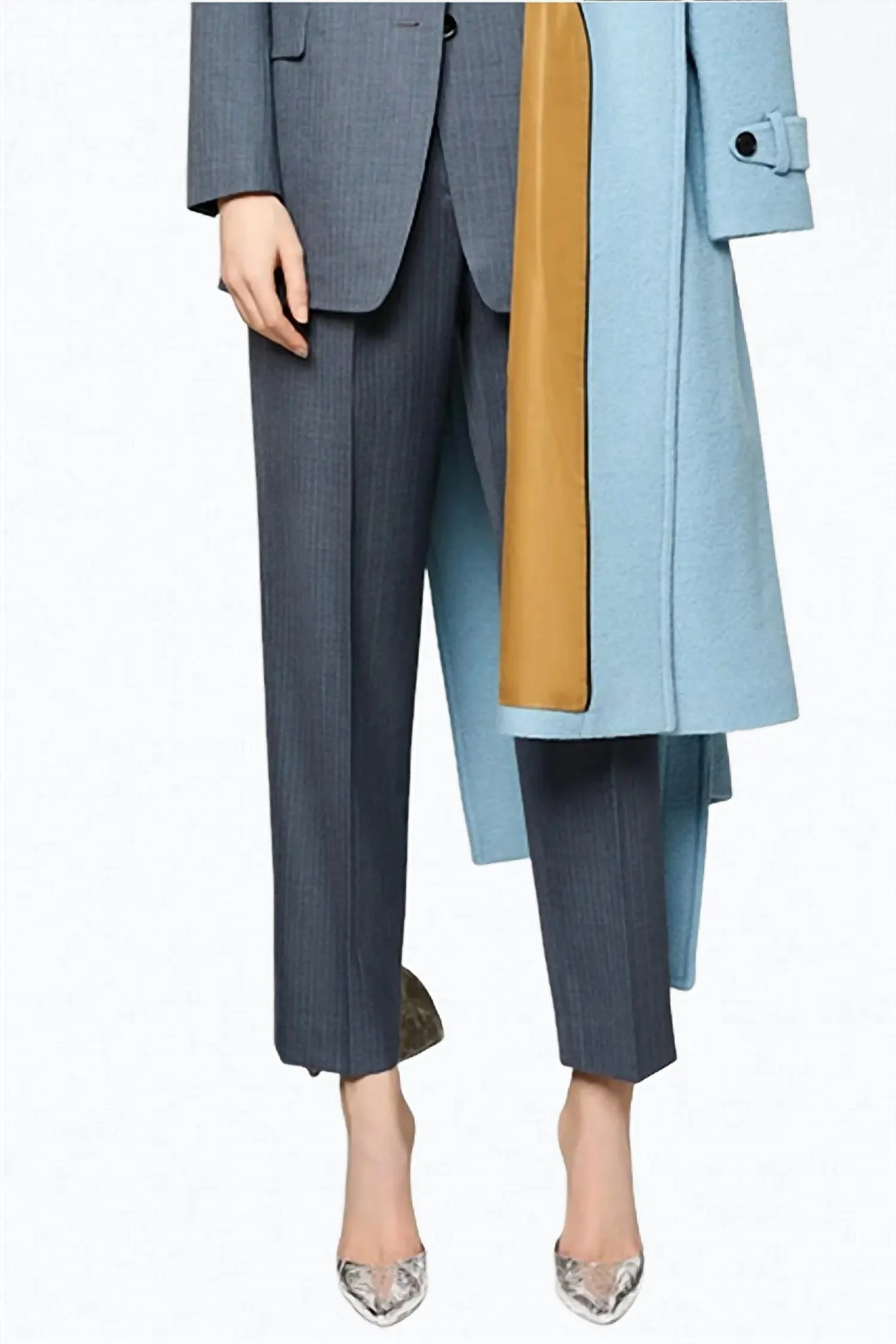 Pantalon Tailleur Plissé en Laine Fine à Rayures Bleu Turquoise