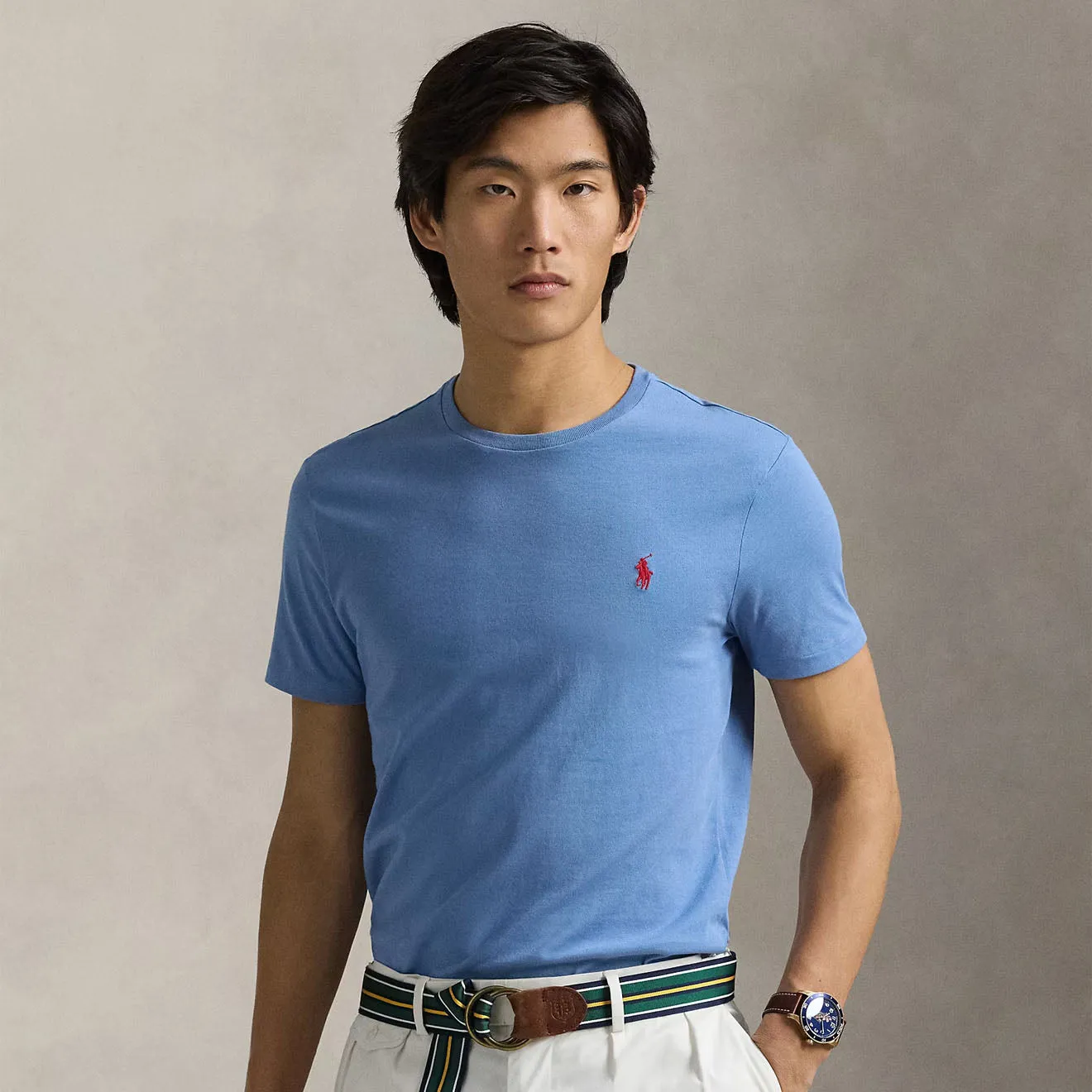 Polo Ralph Lauren T-Shirt à Col Rond Personnalisé Slim Bleu Campus