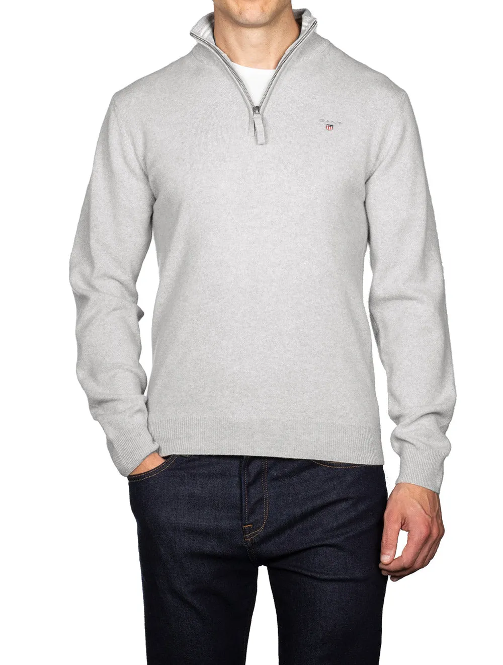 Pull Super Fin en Laine Mérinos à Demi-Zip Gris Clair Mélangé