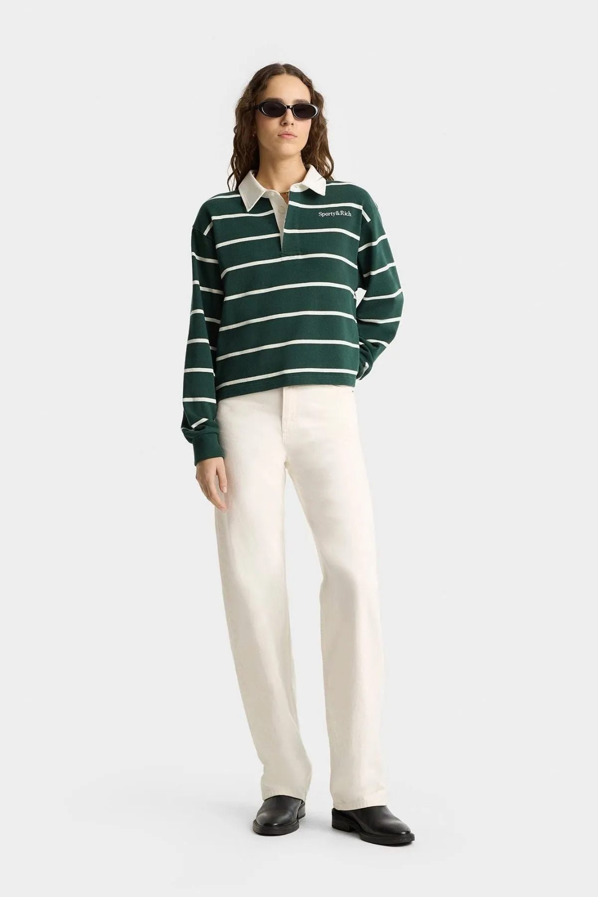 Polo Rugby Sporty & Rich Femme Court - Forêt/Blanc