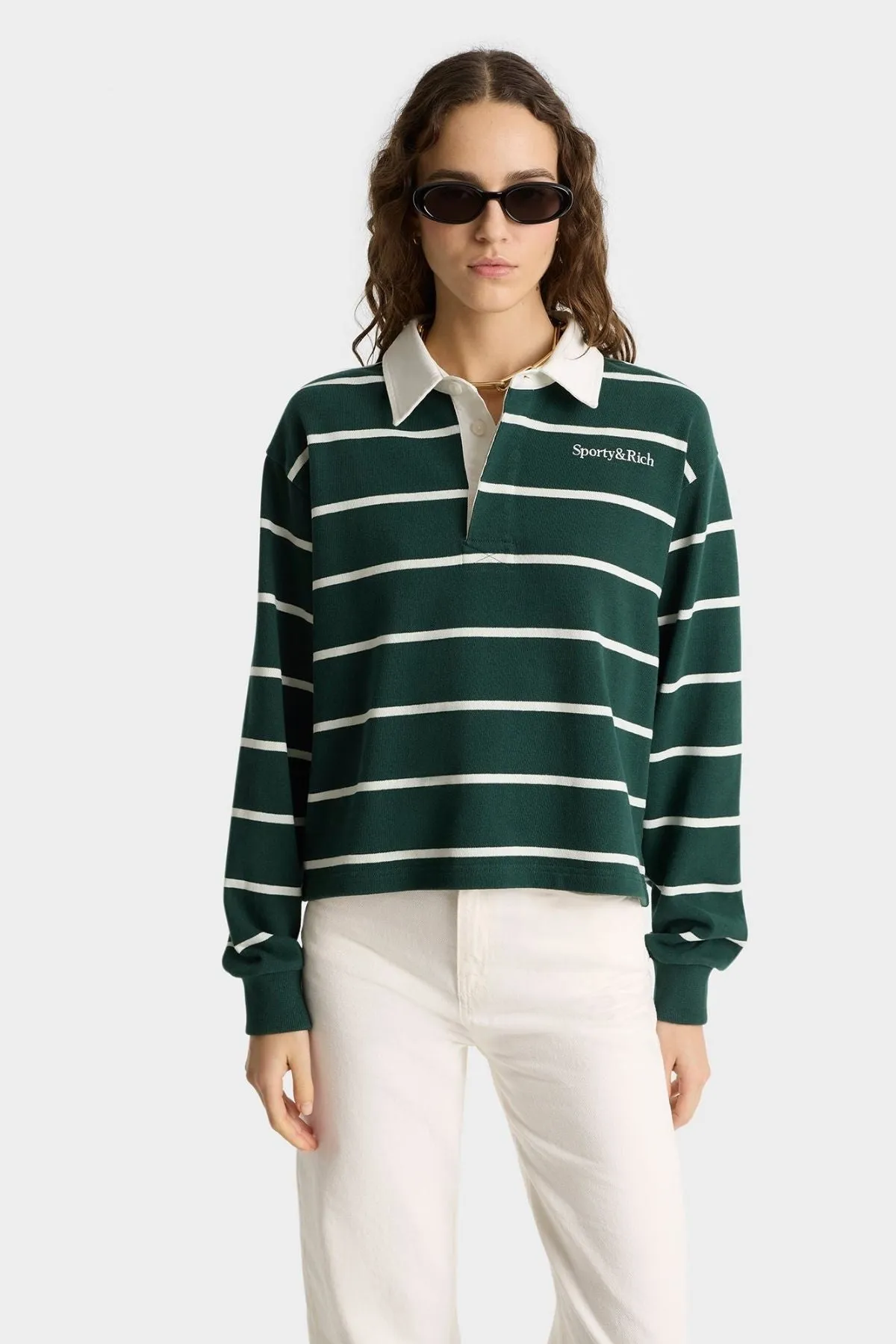 Polo Rugby Sporty & Rich Femme Court - Forêt/Blanc