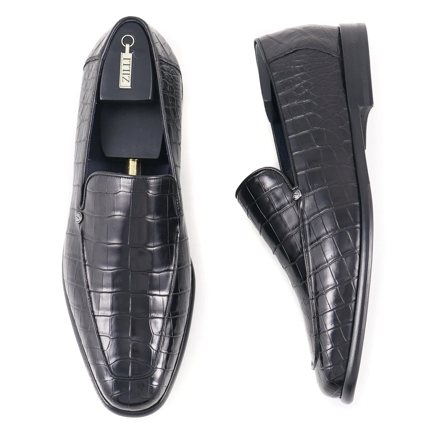 Zilli Mocassins en Crocodile Plein Noir Satin Vêtements_Zilli